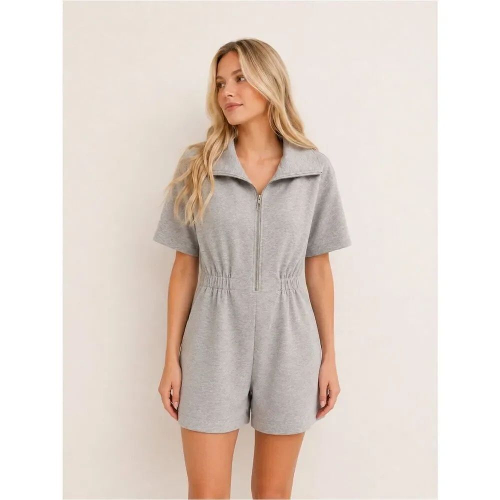 Anrabess Short-Sleeve Half-Zip Romper in Light Gray
